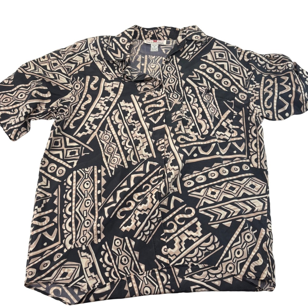 Stunt Collections Mens Medium Silk Button Down Shirt Tribal Geometric Black Tan